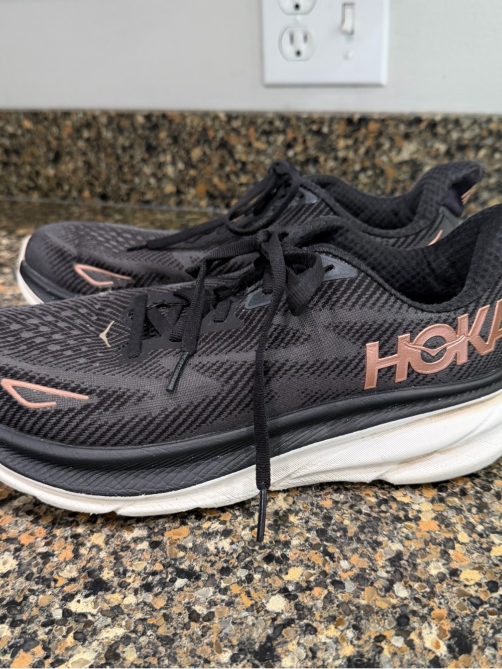 HOKA Women's Black Running Shoes with Rose Gold Accents Clifton size 8 wide